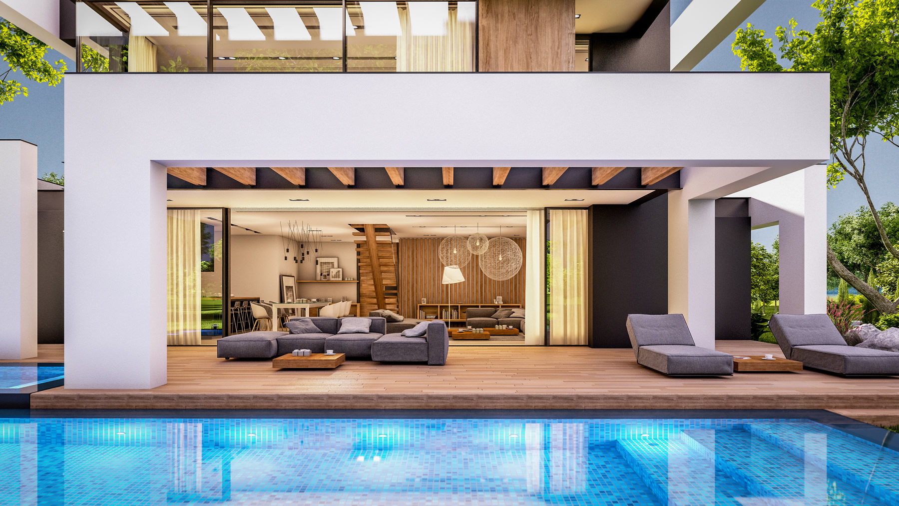 modern house in luxurious style in evening